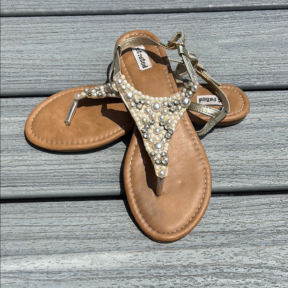 Gold and Brown T-Strap Sandals